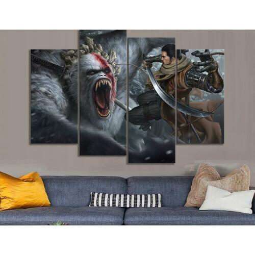 4 Panels Fantasy Art Swordman Ninja Picture Artwork Painting SEKIRO Shadows Die Twice Video Games Art Wall Decor Paintings