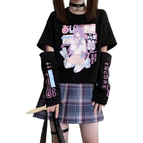 Anime T-Shirt Long Sleeve Top Zipper Removal Tee School Girls Cute Clothes Cotton Tshirt Women Harajuku Goddess of Luck Cartoon