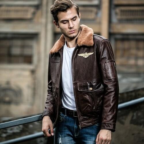 AVIREXFlY flight mens genuine leather designer jacket with fur collar high quality male brand vintage cowskin warm coat
