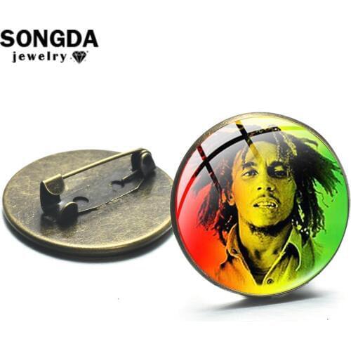 SONGDA Jamaica Bob Marley Reggae Style Brooch Pins Red Yellow Green Stripe Harajuku Printed Glass Cabochon Lapel Pin Button Gift