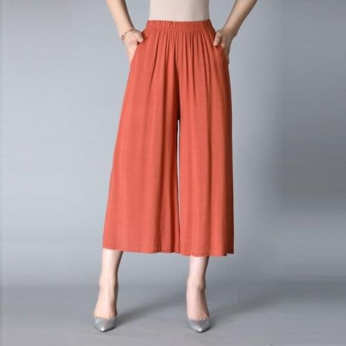 Middle-aged Mothers Cotton linen Wide-leg pants Summer Loose Elastic waist Womens Casual pants High-waist Thin Nine-point pants