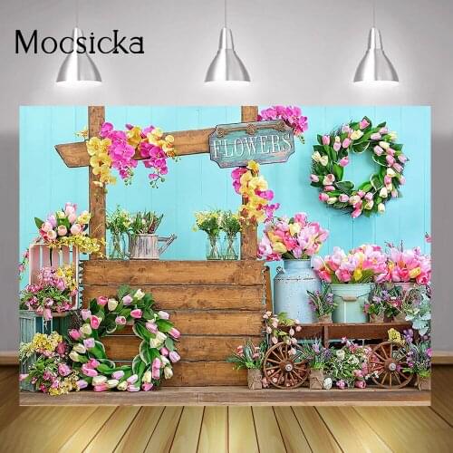 Floral Spring Portrait Backdrop Decorations Blue Wood Flowers Market Sweet Kids Birthday Art Photo Background Studio Photoshoot