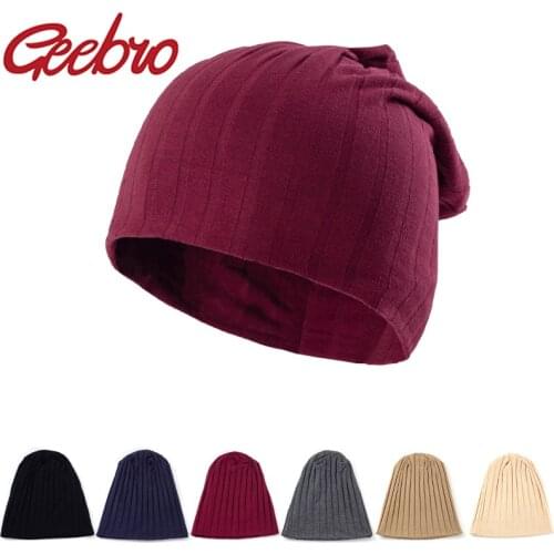 Geebro Casual Wide Ribbed Beanie Hat Women Men Unisex Cotton Solid Turban Hat Headwear Baggy Cap Headwrap Hariband Bonnet Femme