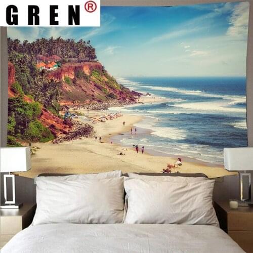 GREN Seaside Beach Landscape Tapestry Polyester Wall Covering Art Thin Hippie Art Wall Hanging Beach Towel Living Home Decor