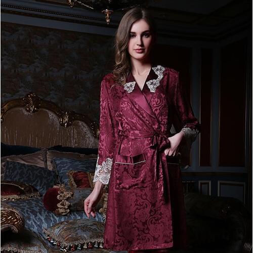 Chinese Pure Silk Robe Female Long-Sleeve 100% Silk Sleeping Robe Sleepwear Bathrobe Dressing Gown Silk Kimono Homer 13166