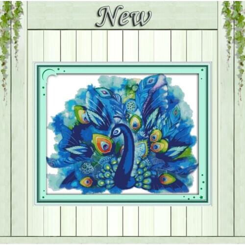 Blue peacock tail Drawing painting, Counted printed on the canvas DMC 14CT 11CT DIY Cross Stitch Needlework kits Embroidery Sets