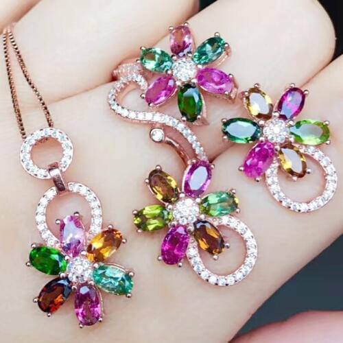Per jewelry Natural tourmaline flower style jewelry set 1pc ring 1pc pendant 1pair stud earring 925 sterling silver R203173