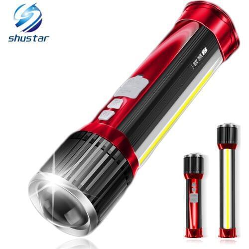 Novelty LED Flashlight Rotating telescopic zoom LED Torch With side light Rechargeable Camping light Floodlight Can charge phone