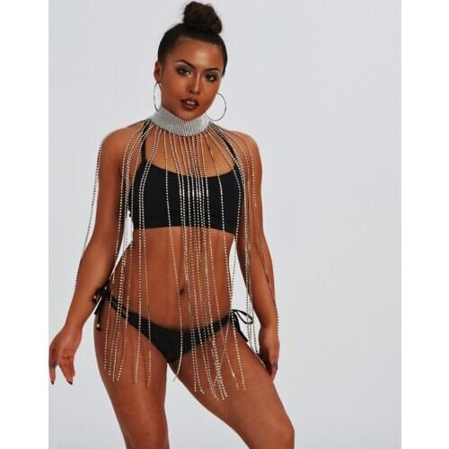 New Halter Shiny Rhinestone Tassels Necklace Statement Long Party Club Cloak Decroative Sexy Bib Necklace For Women