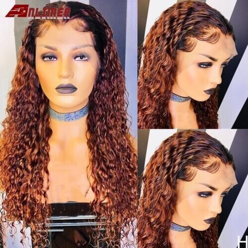 Ombre Brown Water Wave Curly Wig Remy T Lace Front Human Hair Wigs Highlight Deep Wave Brown 1B/30 5x5'' Silk Base PU Wig