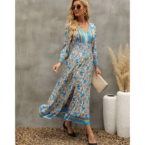 YENKYE Elegant Women Floral Print Boho Long Dress Female V Neck Elastic Waist A-line Holiday Casual Dress Ladies Autumn Vestido