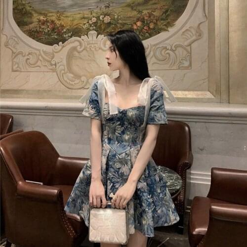 Summer French Court Style Gentle Vintage Fairy Dress Square Collar Bow Niche Design Elegant Slim Chic Sweet Woman Mini Dress