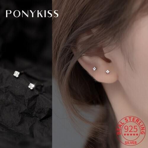 PONYKISS Classic S925 Sterling Silver Square Zircon Stud Earrings for Women Party Fine Jewelry Accessory wholesale Girl Gift