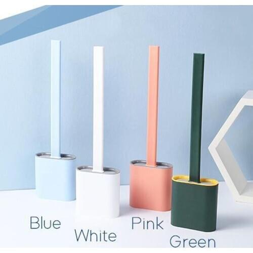 Silicone Wc Toilet Brush Wall Mounted Flat Head Flexible Soft Bristles Brush With Quick Drying Holder set for WC Accessories kit