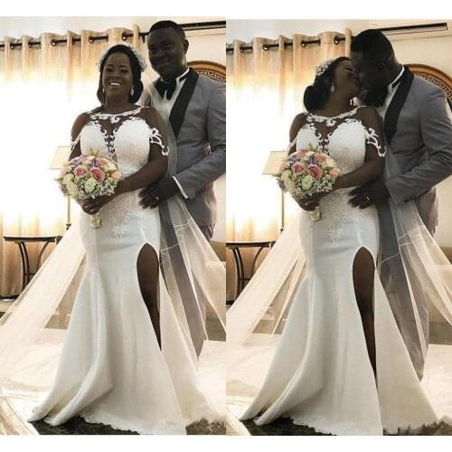African Mermaid Wedding Dresses Bridal Gown Long Sleeves Satin Side Slit Lace Applique 2021 Floor Length Custom Made Scoop Neck