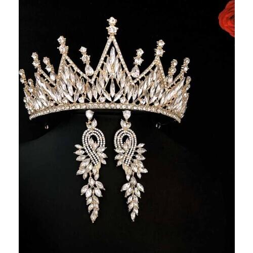FORSEVEN White Crystal Headdress Wedding Dress Accessory Bridal Crown Baroque Princess Crown With Earrings Women Tiara JL