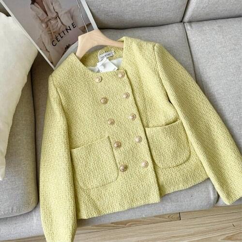 Elegant Luxurious Tweed Jacket Women Autumn Vintage Double breasted Pockets Coat Woolen Jackets Office Lady Outwear