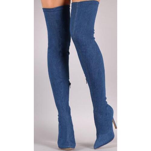 2020 Spring Over The Knee Boots Women Stretch Fabric Women Thigh High Boots Pointed Toe Denim High Heel Boots