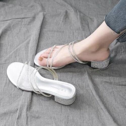 Womens Slippers New 2021 Summer Thick High Heel Fashion Rhinestone Two-Way Slippers Outer Wear Online Celebrity Slippers