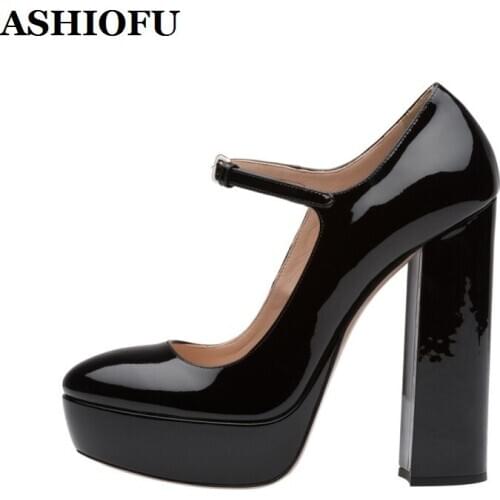 ASHIOFU Foreign Trade Hot Models Ladies Chunky Heels Pumps Black Round-toe Platform Shoes Sky High Mary Jane Evening Dress Shoes