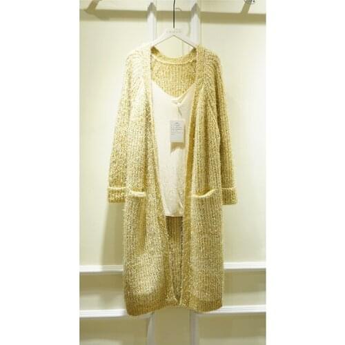 Cakucool Women Gold Lurex Open Stitch Bling Sequins Midi Long Cardigan Loose Korean Sweater Shiny Knit Coat Outerwear Femme Plus