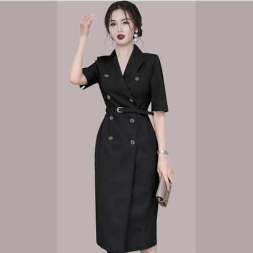 Korean Designer Women Elegant Occupation Dress New Vintage Hepburn Lady Fashion Double Breasted OL Business Black Dresses