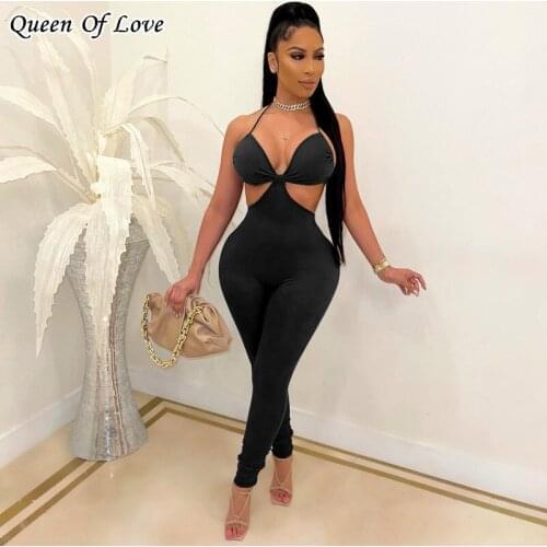 2021 Summer Halter Sexy Hollow Out Jumpsuit Bodycon Female Women One Piece Backless Workout Overalls Casual Club Party Romper