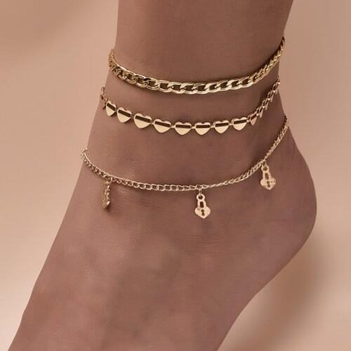 3 Pcs/Set Fashion Beach Gold Color Love Heart Key Lock Anklets for Women Trendy Foot Chain Ankle Bracelet Jewelry Gifts
