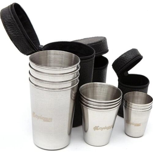 4 pieces/set 170/75/30ml camping cup outdoor tableware travel cup water cup stainless steel wine glass PU leather picnic hiking