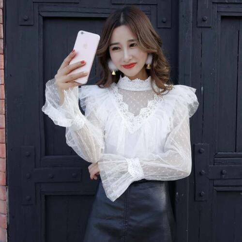 2018 Spring Women Summer Blouse Sweet Dot Backless Lace Shirt Female Long Sleeve Lace Up Mesh Blouses Short Tops Oversized AB815
