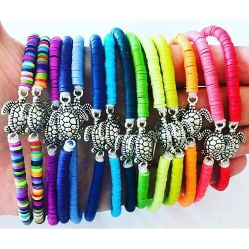 Boho Polymer Clay Disc Bracelets for Women Vintage Silver Color Sea Turtle Animal Charms Bracelet Female Jewelry Gift