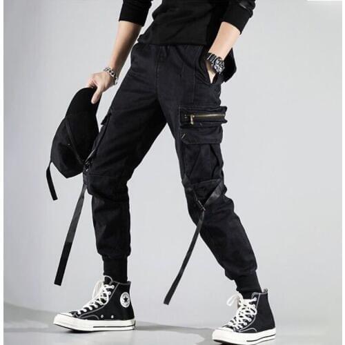 Streetwear Black Cargo Pants Men Fashion Joggers Sweatpants Japanese Loose Casual Ankle length Trousers