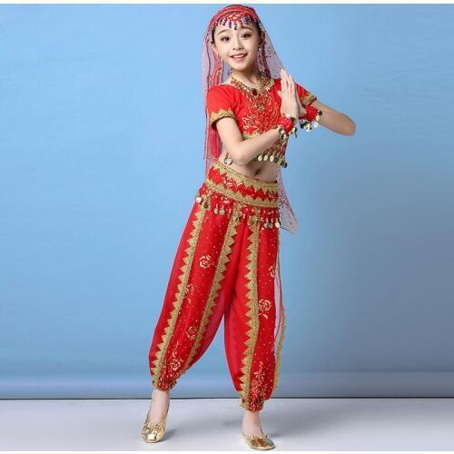 2019 Children Belly Dance Clothes Girls Indian Outfits Bollywood Dance Costume Set 5pcs (Top Belt Pants Sari Handband)
