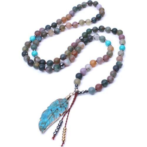 Natural Stone Long Necklace Frosted India Onyx Beads With Ocean Jas Per Leaf Pendant Handmade Beaded Women Lariat Necklace