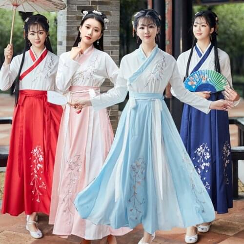 4 Colors Chinese Style Ancient Hanfu Long Dress Women Elegant Fairy Dance Costumes Oriental Embroidery Stage Performance Dresses