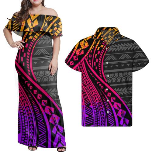 Hycool Polynesian Stripe Print Dresses For Women Casual 7xl Plus Size Sexy Ruffle Vintage Dress Beach Dress Couples Clothing