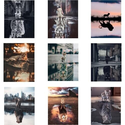 Oil Painting By Numbers "Cat and Tiger" Drawing on Canvas HandPainted Art Gift DIY Picture By Number Kits Wall Decor