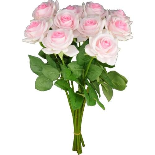 Hot 10 Pieces Party Favor White Pink Real Touch Plastic Rose Artificial Flower Branch For Wedding Ceremony Hotel Banquet Decor