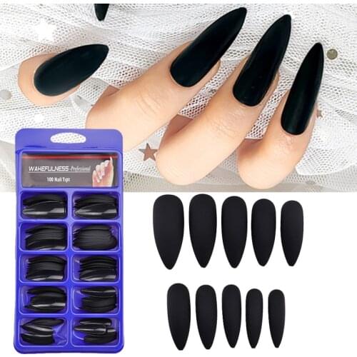 WAKEFULNESS 100PCS Long Stiletto Matte Fake Nail Art Tips Black Curved Coffin Nails Drop ABS Full Cover Fasle Nails Manicure
