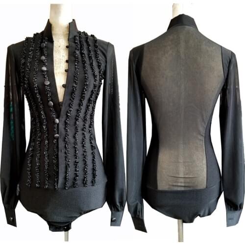 New Lace Pleated V-Neck Professional Latin Dance Competition Tops Men Tango Salsa Cha Cha Dancing Performance Shirts DNV13510