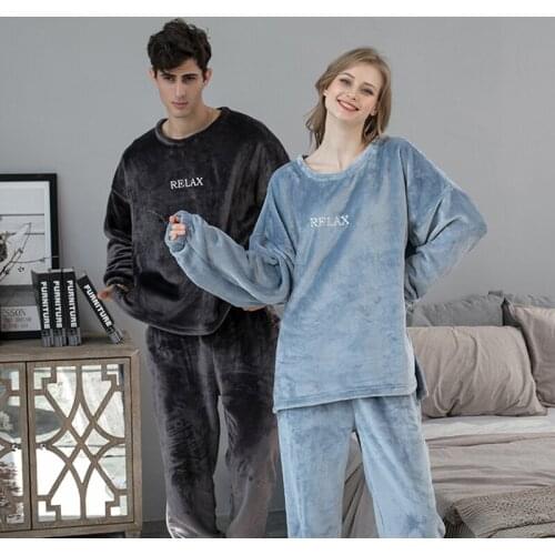 Couple Pajamas Flannel Autumn Winter Long-Sleeve Trousers Sleepwear Solid Round Neck Pullover Loose Casual Warmth Thickening