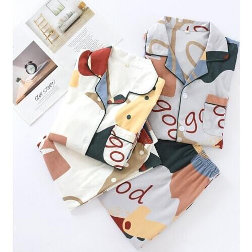 Lovers Pajamas Sleepwear Print Home Wear For Men And Women Cotton Couple Pajamas Spring Autumn Long-Sleeved Sleeping Suit