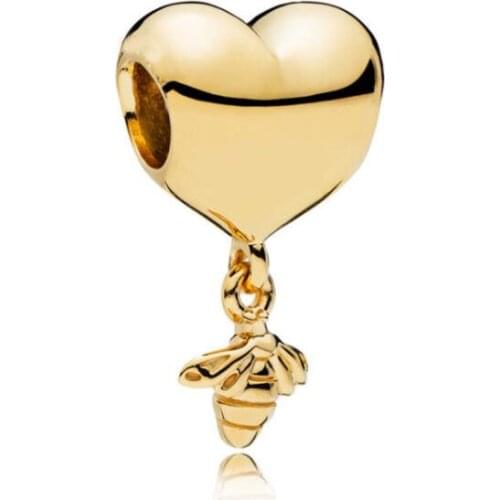 Genuine 925 Sterling Silver Charm Gold Color Shine Love Heart Hanging Bee Beads Fit Pan Bracelet & Necklace Diy Jewelry