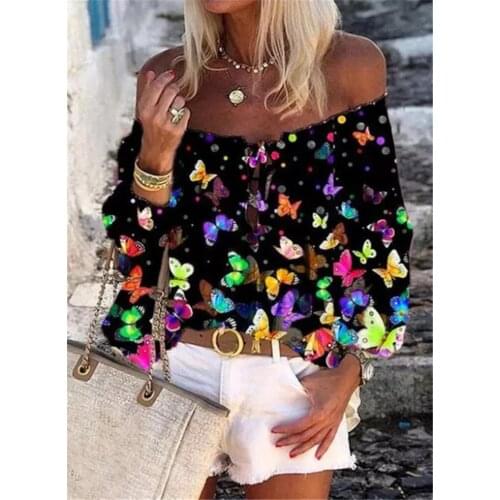 Hollow Butterfly FLower Printing Long Sleeve Shirt Femme Sleeve Women Drawstring Shirt 2021 Spring