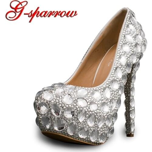 Silver Crystal Bridal Shoes Handmade Rhinestone High Heel Platform Wedding Shoes Graduation Party Prom Heels Plus Size Clutch
