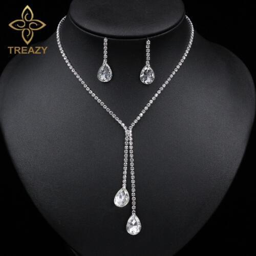 TREAZY Bride Silver Plated Water Drop Crystal Necklace Earrings Set for Women Rhinestone Bridal Bridesmaid Wedding Jewelry Set