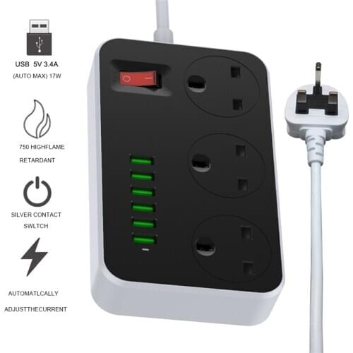 UK FUSED Plug Power Strip 3 AC Outlet 6 USB Fast Charging Socket Extender With 1.5M Cable Safety Network Filter for Home Office
