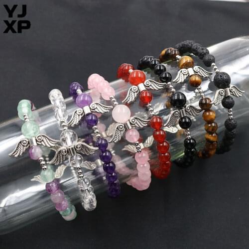 YJXP Wholesale 10 pcs/lot Strand Bracelets Natural Stone 6 mm Round Beads DIY Handmade Women Reiki Guard Angel Wings Bracelet