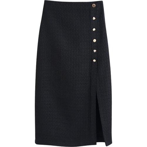 Women 2021 Fashion textured Woolen skirt with buttons Black Vintage high-waist slit midi Female skirts Faldas Mujer Moda