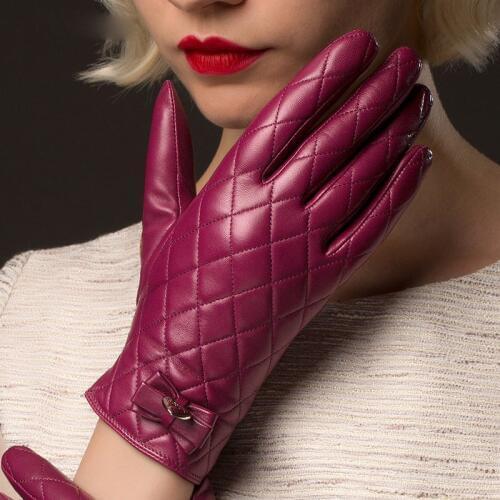 Womans Gloves Autumn Winter Warm Lined Real Leather Gloves Female Fashion Diamond Lattice Sheepskin Driving Gloves NW691-1